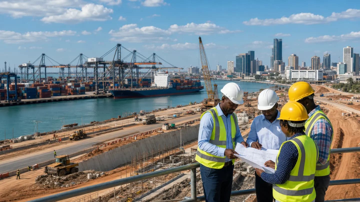 Engineers reviewing infrastructure plans above the port of Dar es Salaam