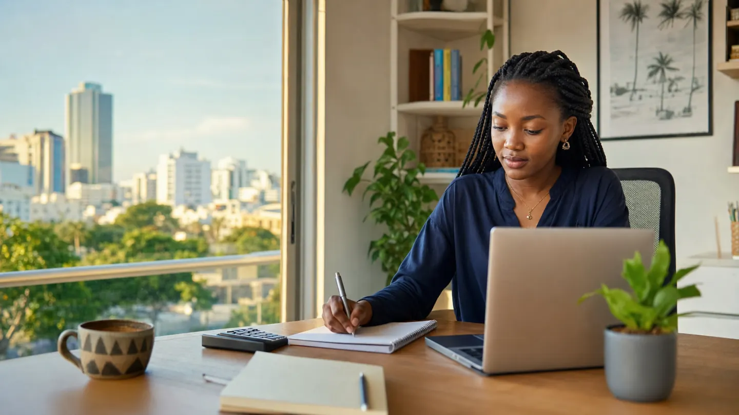 A Tanzanian investor reviewing her long-term portfolio from a home office in Dar es Salaam